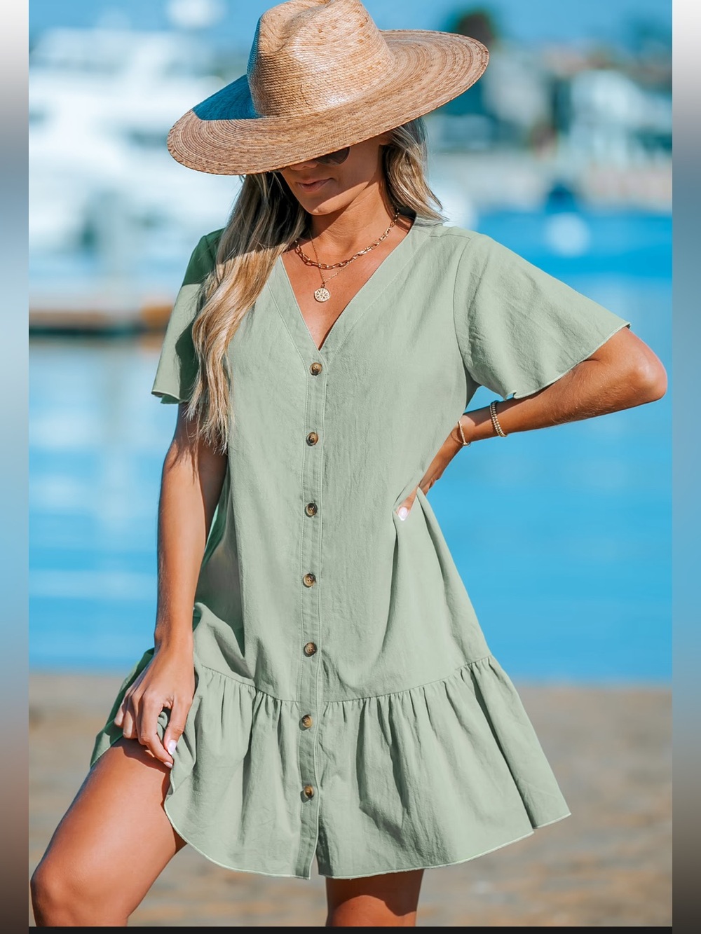 Cupshe Button-Up V-Neck Flounce Dress Sage Green XS